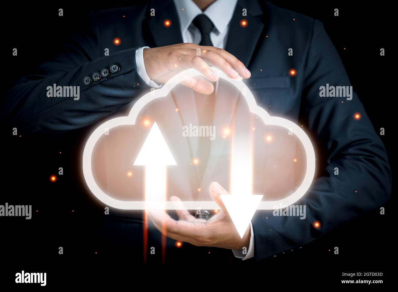 Cloud computing and technology concept. Palm hands of Businessman holding icon cloud computing network and data information. Massive storage for accom Stock Photo