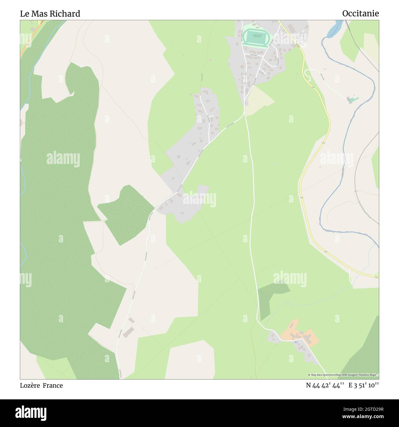 Le Mas Richard, Lozère, France, Occitanie, N 44 42' 44'', E 3 51' 10'', map, Timeless Map published in 2021. Travelers, explorers and adventurers like Florence Nightingale, David Livingstone, Ernest Shackleton, Lewis and Clark and Sherlock Holmes relied on maps to plan travels to the world's most remote corners, Timeless Maps is mapping most locations on the globe, showing the achievement of great dreams Stock Photo