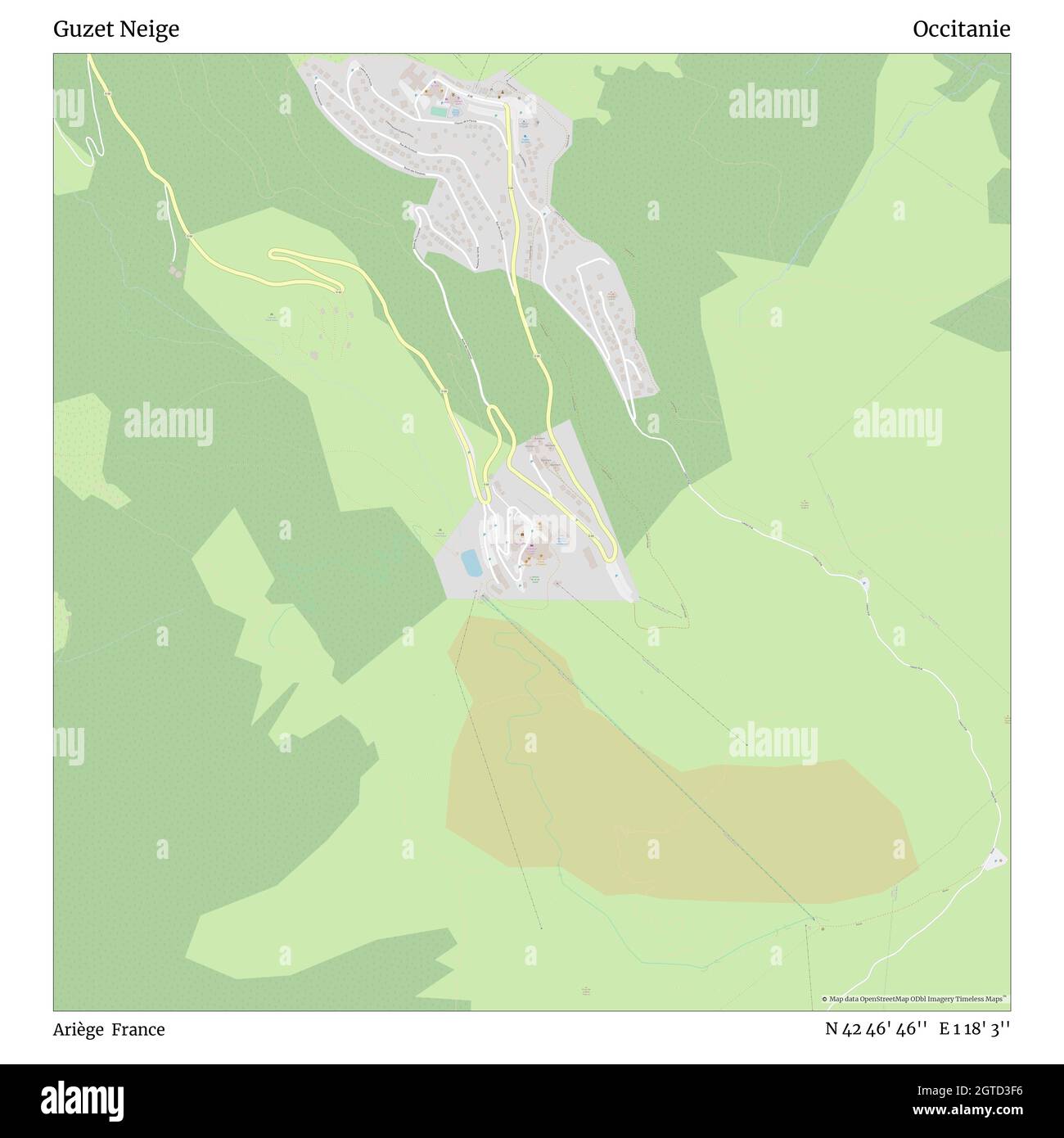 Guzet Neige, Ariège, France, Occitanie, N 42 46' 46'', E 1 18' 3'', map, Timeless Map published in 2021. Travelers, explorers and adventurers like Florence Nightingale, David Livingstone, Ernest Shackleton, Lewis and Clark and Sherlock Holmes relied on maps to plan travels to the world's most remote corners, Timeless Maps is mapping most locations on the globe, showing the achievement of great dreams Stock Photo