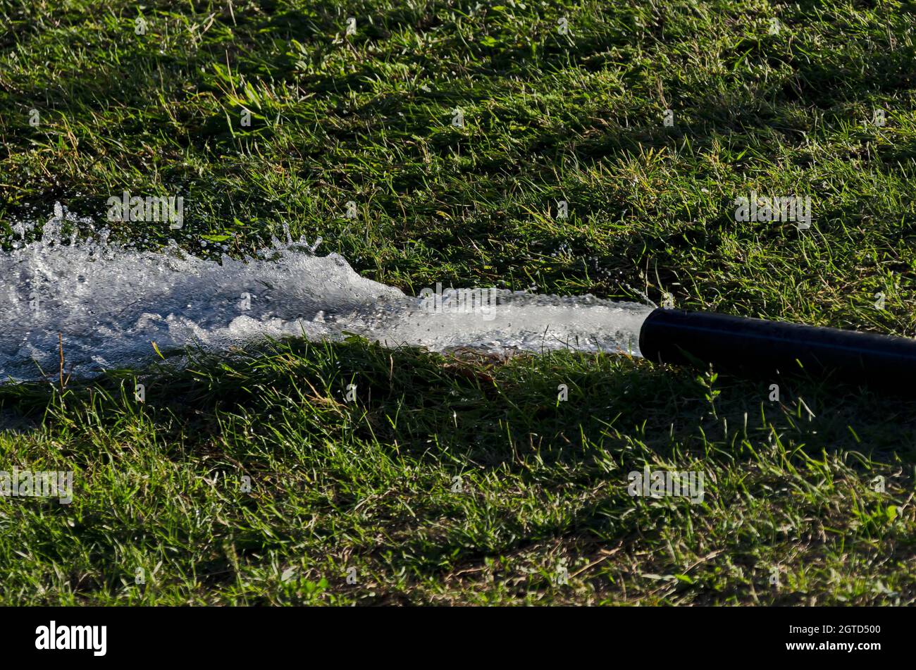 A stream of water comes out of a hose and feeds a garden irrigation system, residential district Drujba, Sofia, Bulgaria Stock Photo