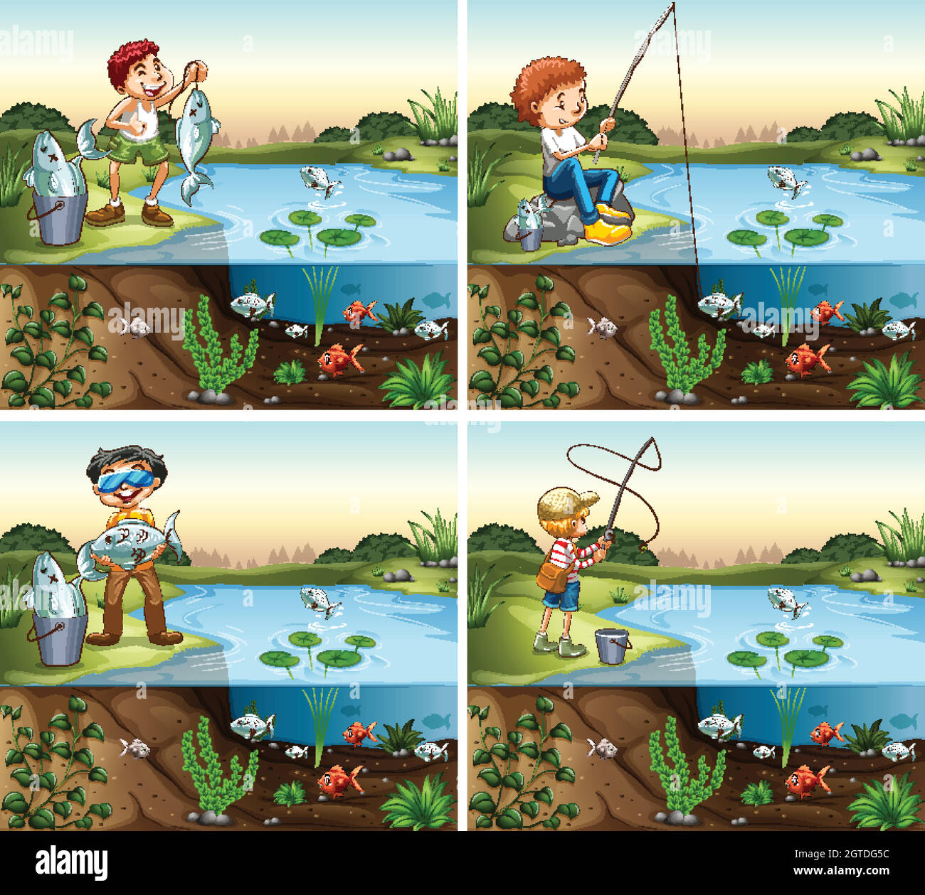 Four scenes of boy fishing in the pond Stock Vector
