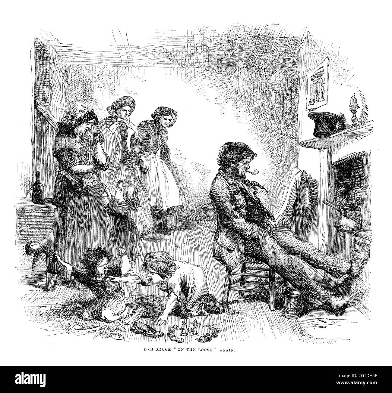 Vintage engraving from 1862 showing a neglectful and lazy father Stock Photo