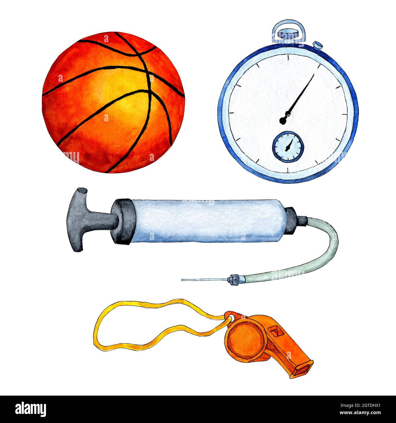 Watercolor set of basketball coach ball, pump, whistle, stopwatch.  Coaching, sports, player, team. Isolated on white background. Sketch Stock  Photo - Alamy