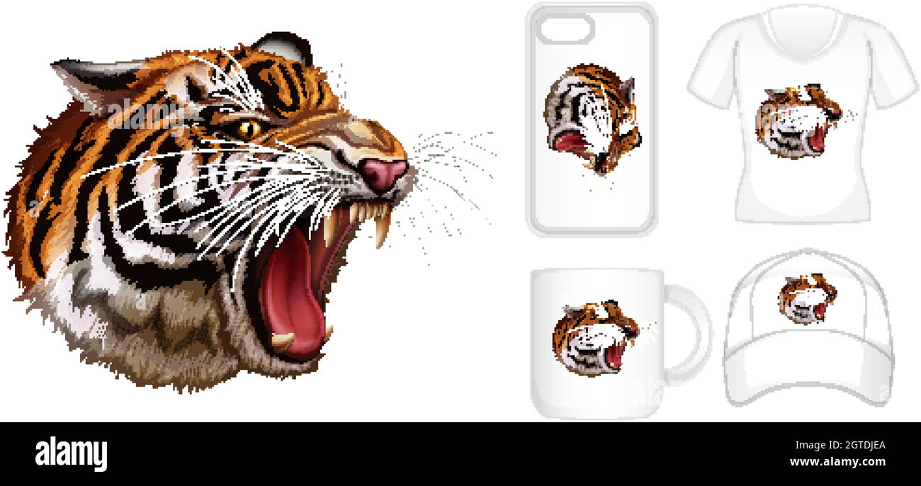 Graphic design on different products with wild tiger Stock Vector
