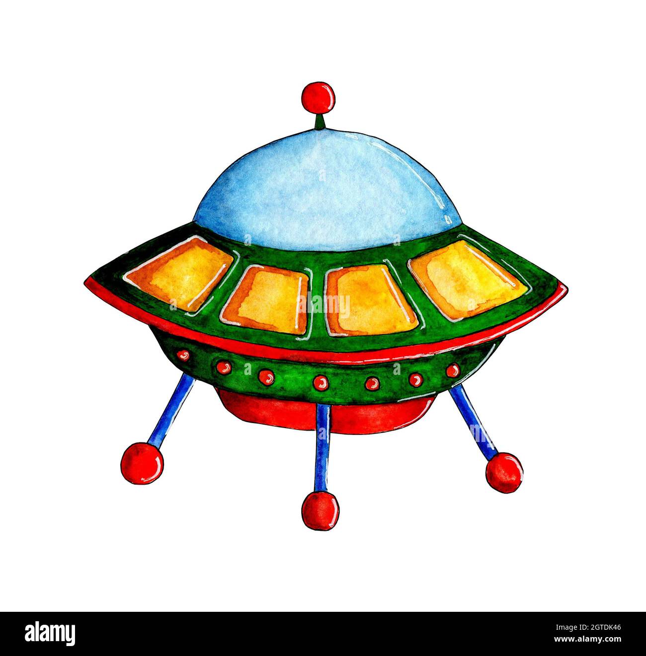 Watercolor illustration of a flying saucer. Unidentified flying object - UFO. Sci-fi depiction of the concept of ufology and life on planet earth. Chi Stock Photo