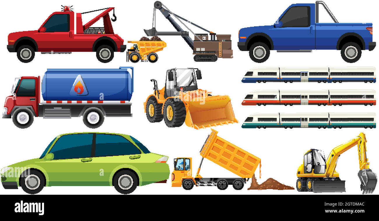 Set of different kind of cars and trucks isolated on white background