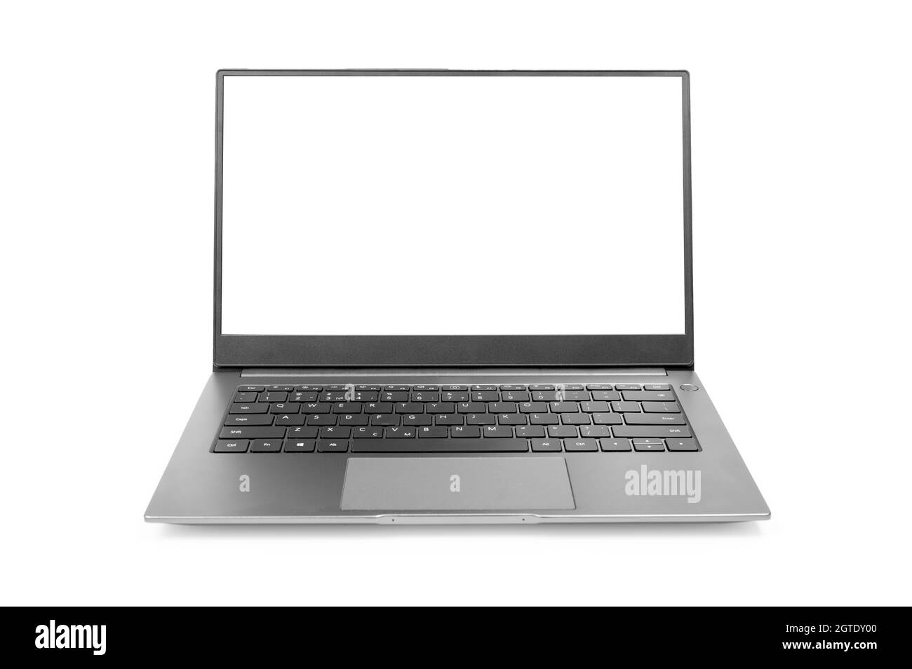 Laptop mockup with white screen isolated on white background. Modern laptop isolated. Silver laptop computer with blank screen isolated on white backg Stock Photo