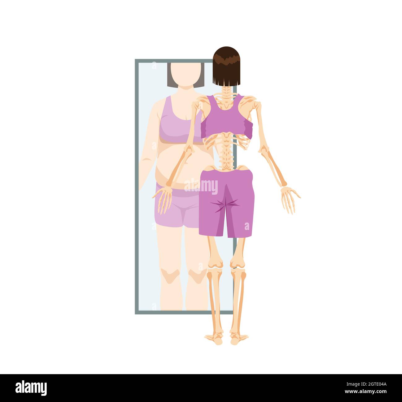 Anorexia and fullness. Womans skeleton in front of mirror sees her reflection as thick Stock Vector