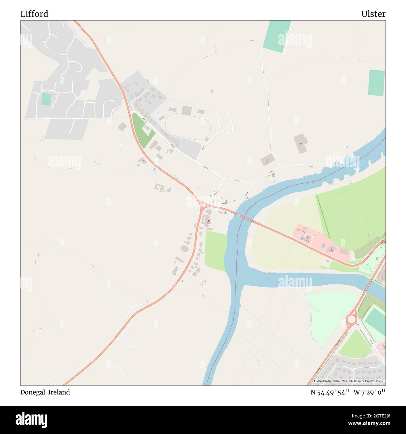 Lifford, Donegal, Ireland, Ulster, N 54 49' 54'', W 7 29' 0'', map, Timeless Map published in 2021. Travelers, explorers and adventurers like Florence Nightingale, David Livingstone, Ernest Shackleton, Lewis and Clark and Sherlock Holmes relied on maps to plan travels to the world's most remote corners, Timeless Maps is mapping most locations on the globe, showing the achievement of great dreams Stock Photo