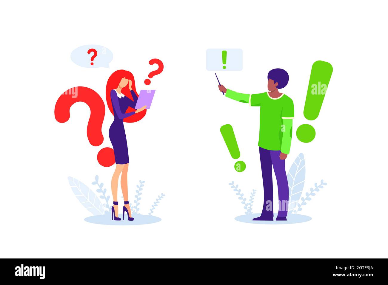 Questions and correct answers. Confused female character in search of desired solution Stock Vector