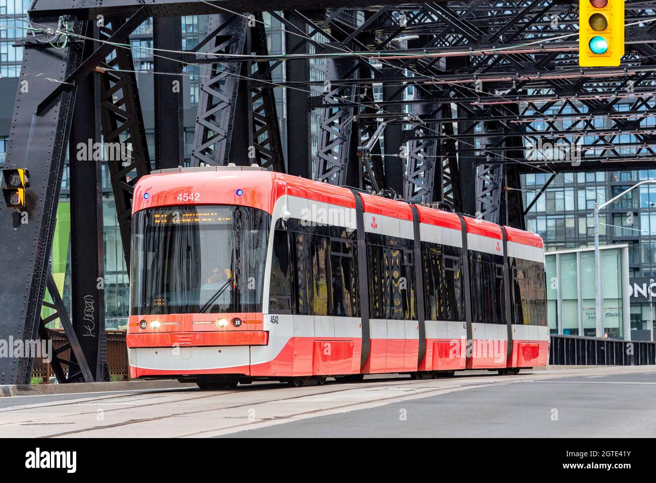 Modern Bombardier Flexity Outlook streetcar or cable car in Toronto, Canada. The vehicle is part of the public transportation system known as TTC or T Stock Photo