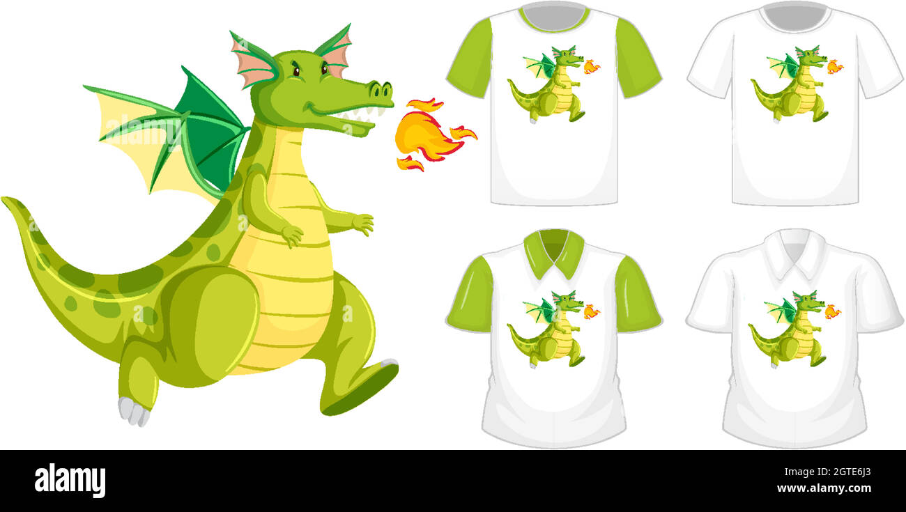 Dragon cartoon character logo on different white shirt with green short sleeves isolated on white background Stock Vector