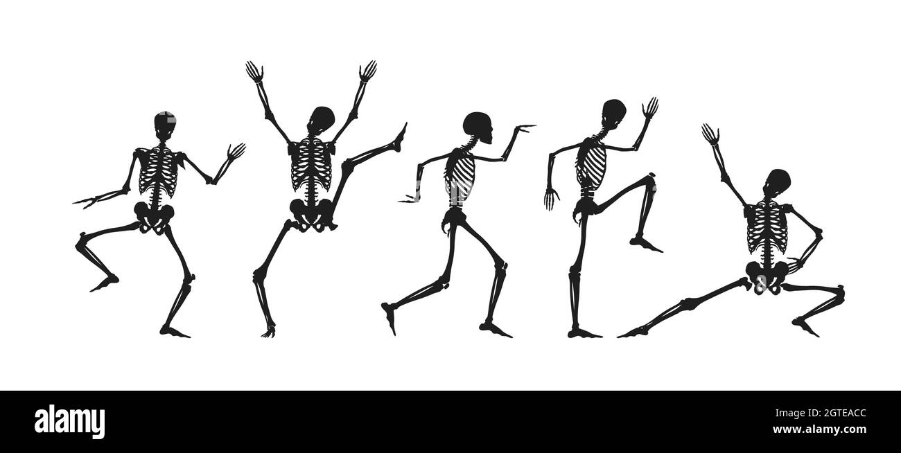 Dancing and running black silhouettes of skeletons. Stock Vector