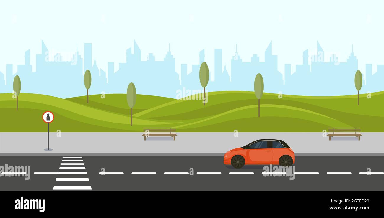 City highway with pedestrian crossing. Car standing at crossroads of metropolis Stock Vector