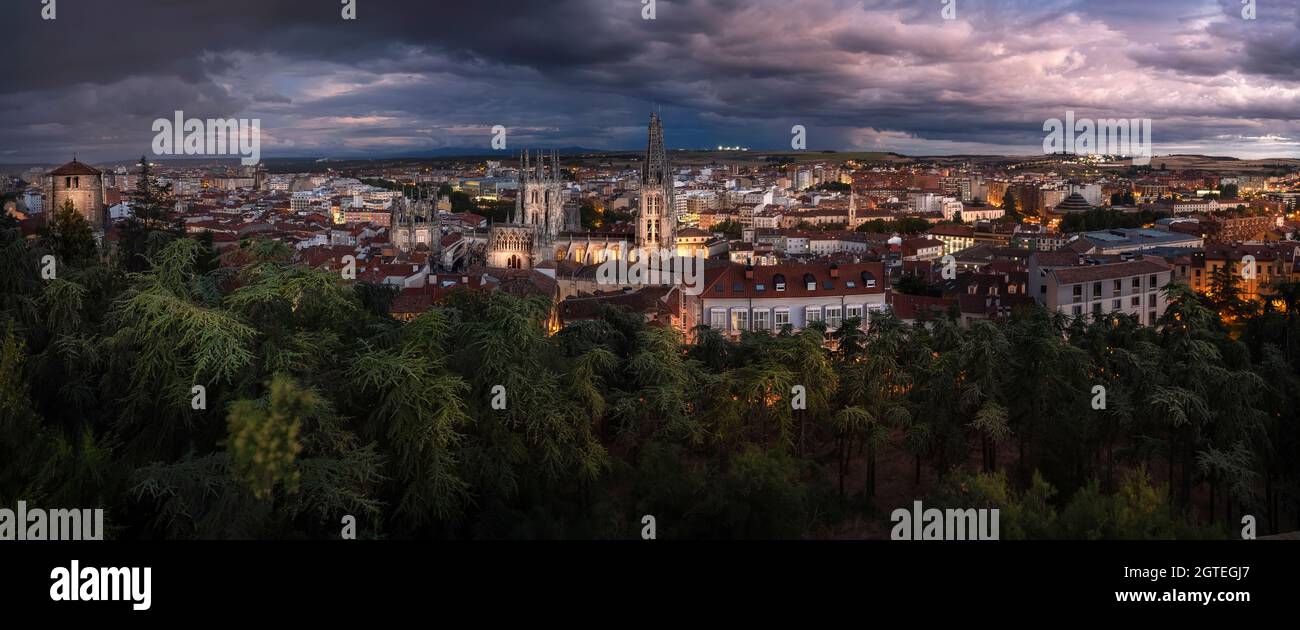 Panoramic of the City of Burgos seen from the Mirador del Castillo, with the Cathedral of Burgos highlighted in the first term Stock Photo