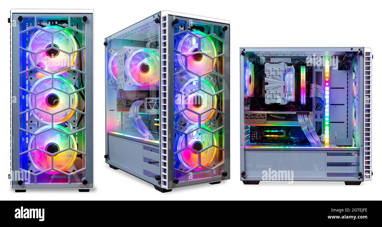 set collection of colorful custom gaming pc computer with dark tinted glass windows and rgb rainbow led lighting isolated on white background Stock Photo
