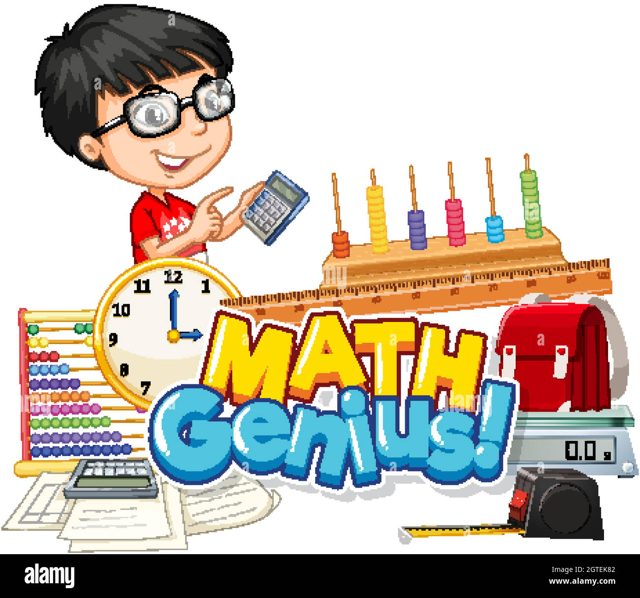 Font Design For Word Math Genius Cute Boy And School Item Stock Vector
