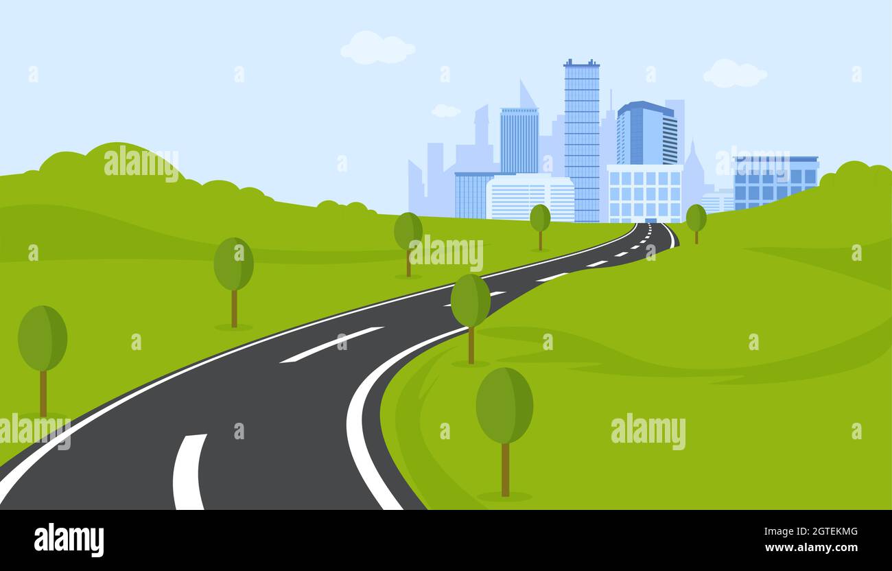 Central winding highway to metropolis. Curve marked road towards city Stock Vector