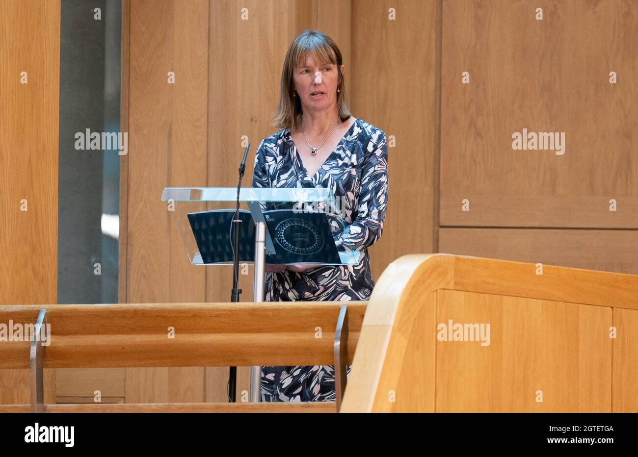 Scotland's Makar Kathleen Jamie reads her poem The Morrow-Bird in the debating chamber of the Scottish Parliament in Edinburgh during the ceremony to mark the official start of the sixth session of Parliament. Picture date: Saturday October 2, 2021. Stock Photo