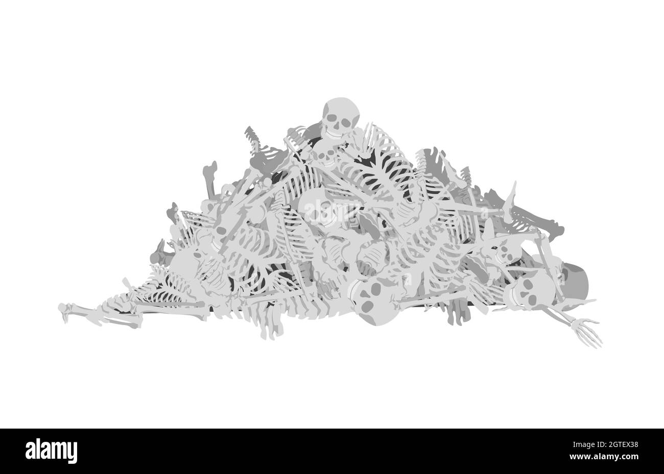 Mountain of human bones. Aftermath of gruesome mass murder ancient burial of dead Stock Vector