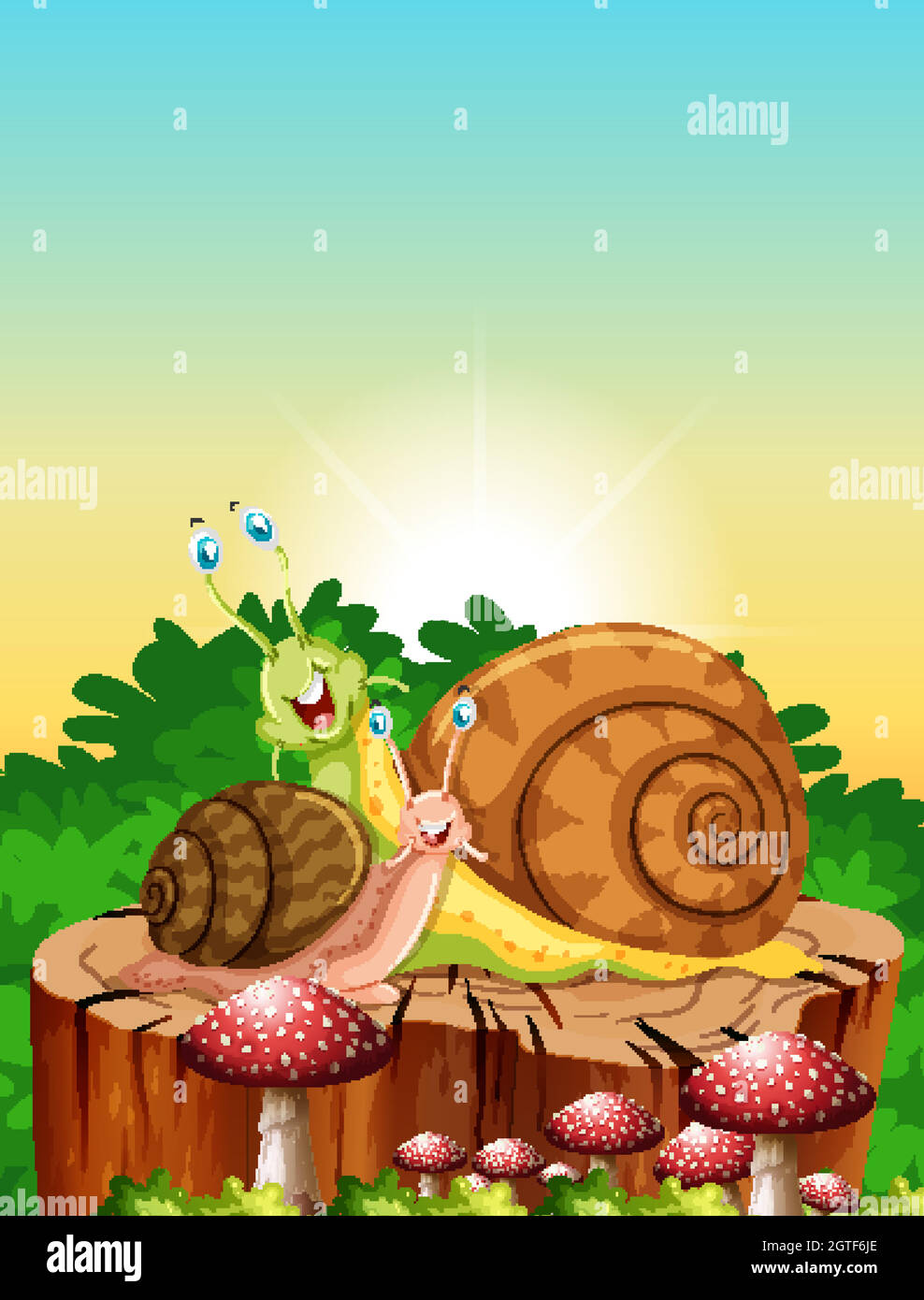 Two snails living in the garden scene at daytime Stock Vector