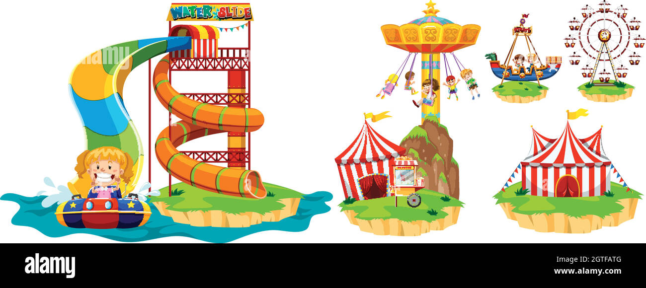 Different rides in theme park Stock Vector