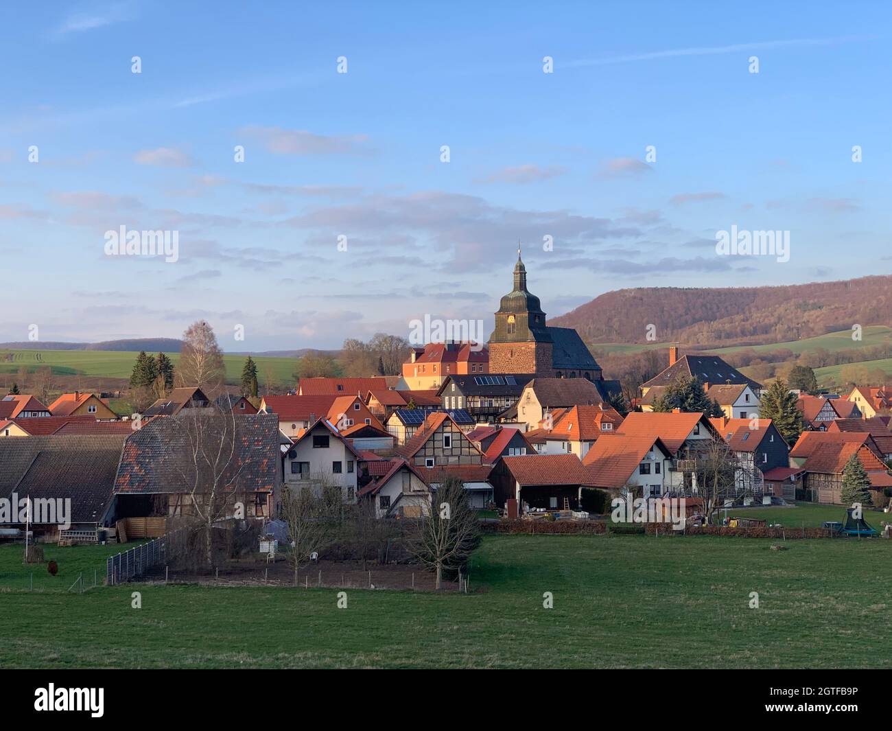 Panoramic View Of Buildings Against Sky In Ershausen, Schimberg, Eichsfeld, Thuringia, Germany Stock Photo