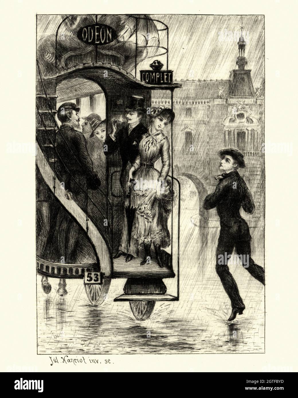 Vintage engraving of  a Young man running after attractive woman on a tram,  French, 19th Century Stock Photo