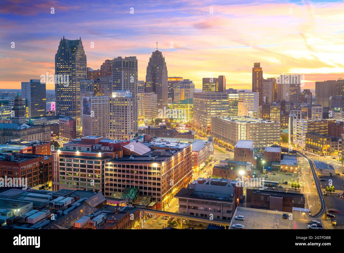 Aerial view of downtown Detroit at twilight in Michigan USA Stock Photo ...