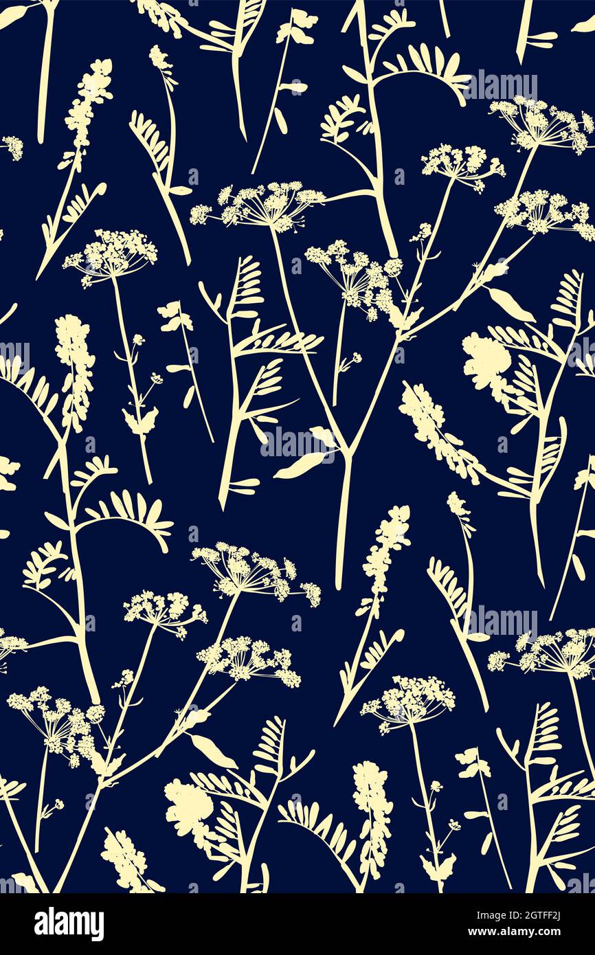 Floral seamless background pattern hand drawn. Wild flowers and leaves ...