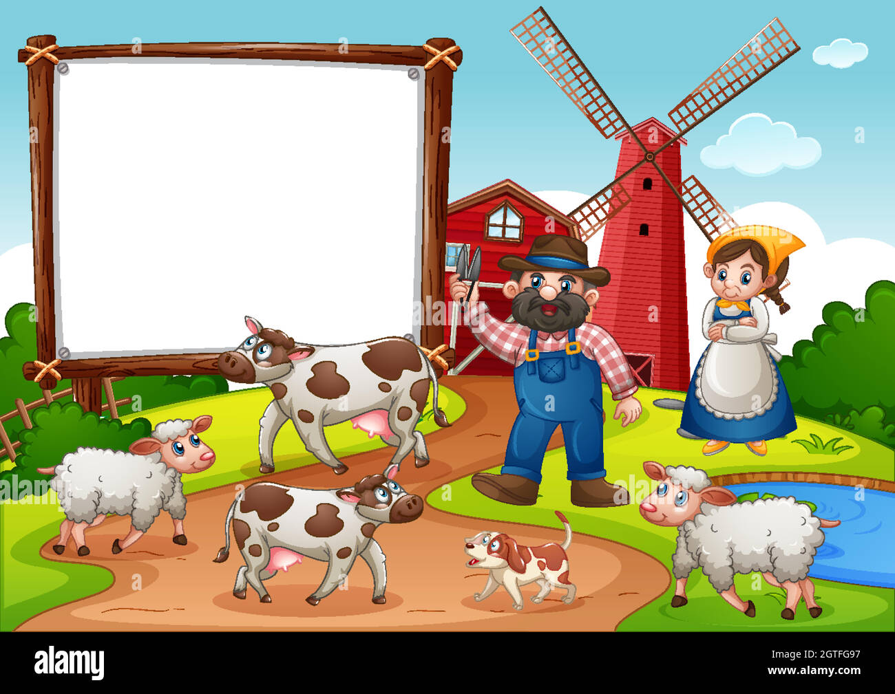 Blank banner in farm with red barn and windmill scene Stock Vector