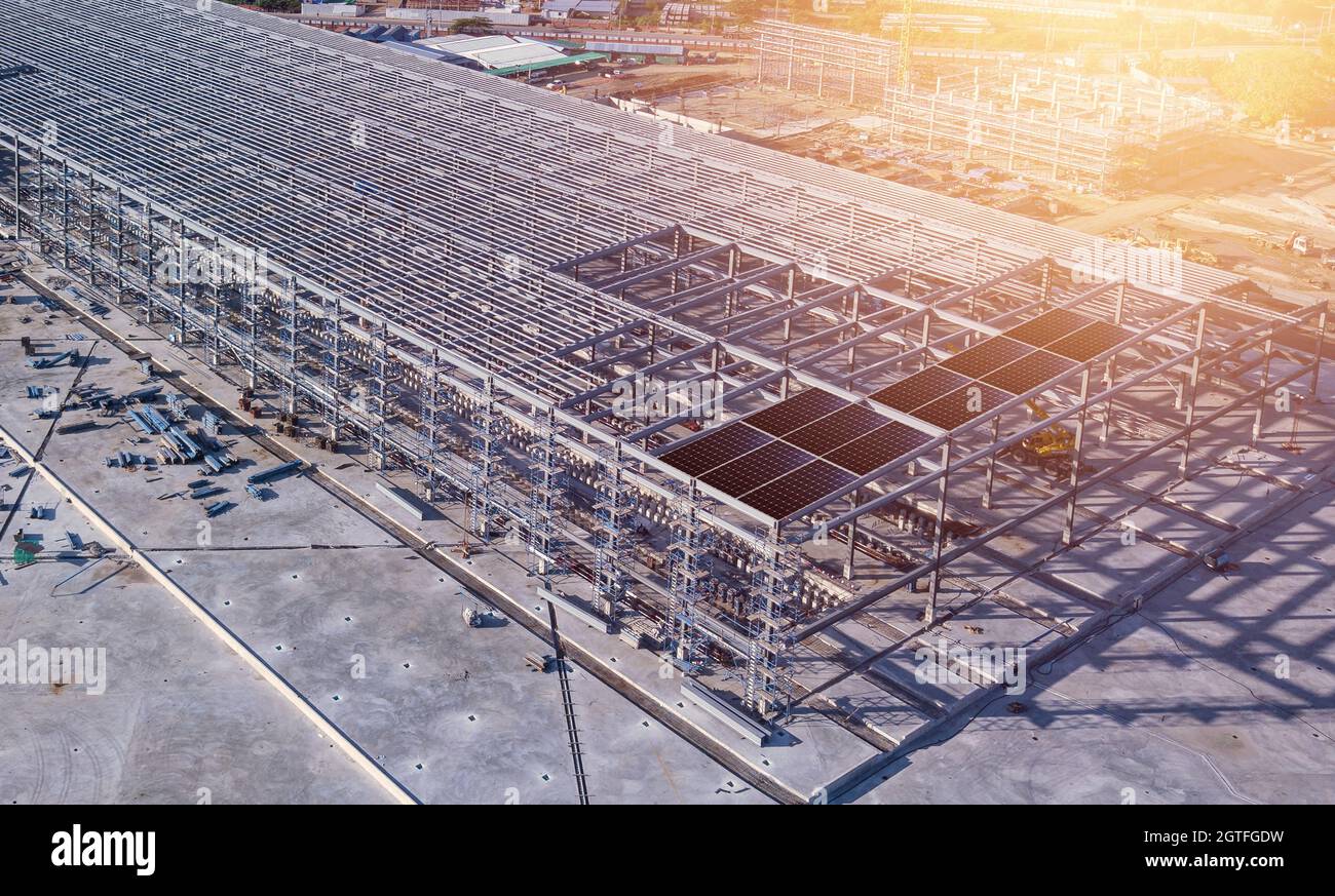 Aerial View Of Solar Panel On Roof Under Construction Stock Photo