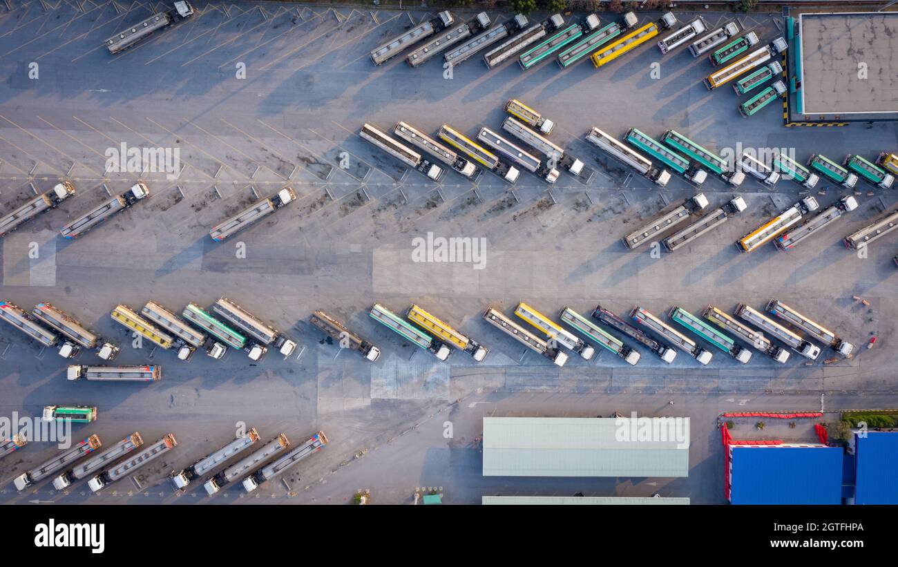 Aerial Top View Automobile Or Automotive Fuel Tankers Business And Industry Fuel, Semi Truck Stock Photo