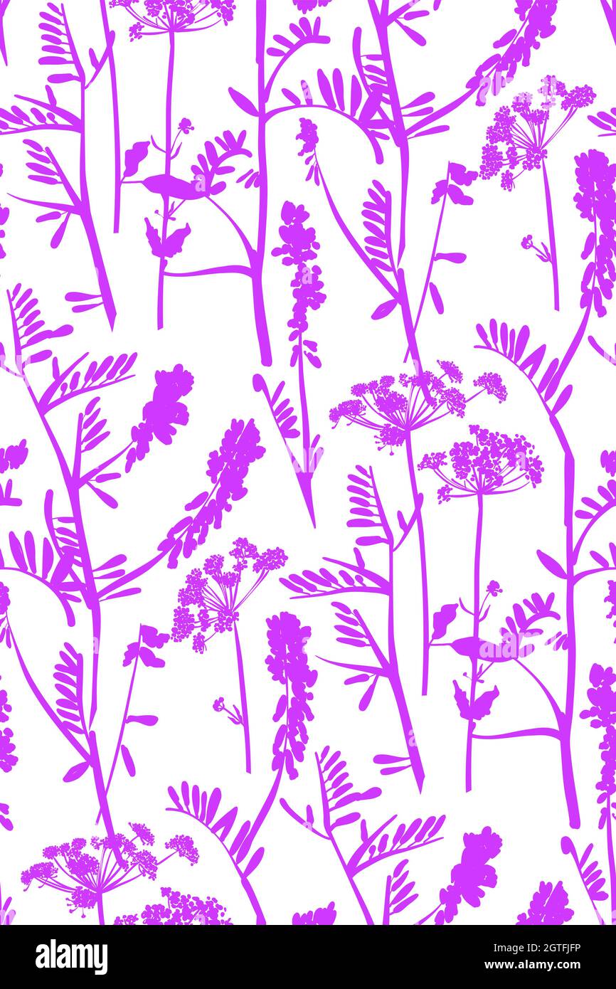 Floral seamless background pattern hand drawn. Wild flowers and leaves ...