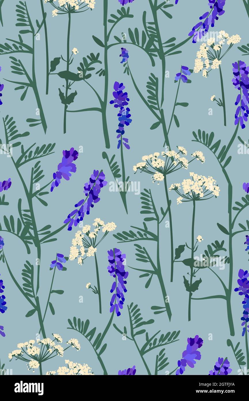 Floral seamless background pattern hand drawn. Wild flowers and leaves ...