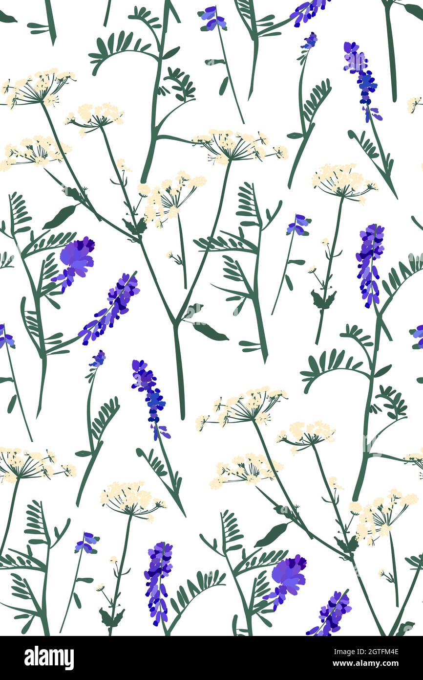 Floral seamless background pattern hand drawn. Wild flowers and leaves ...