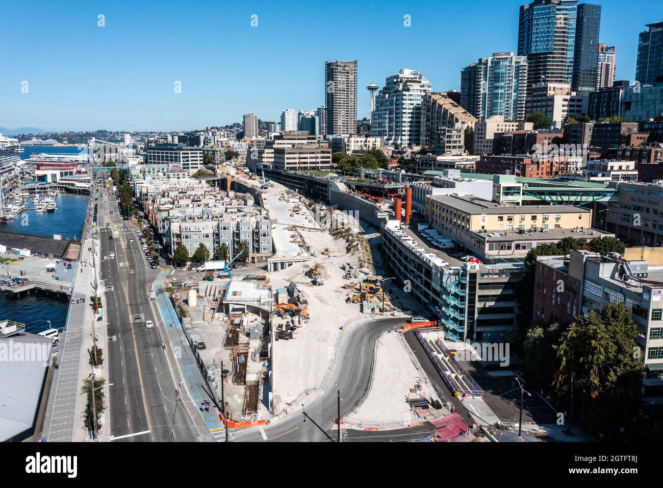 Waterfront construction project, August 28, 2021, Seattle, Washington, USA Stock Photo