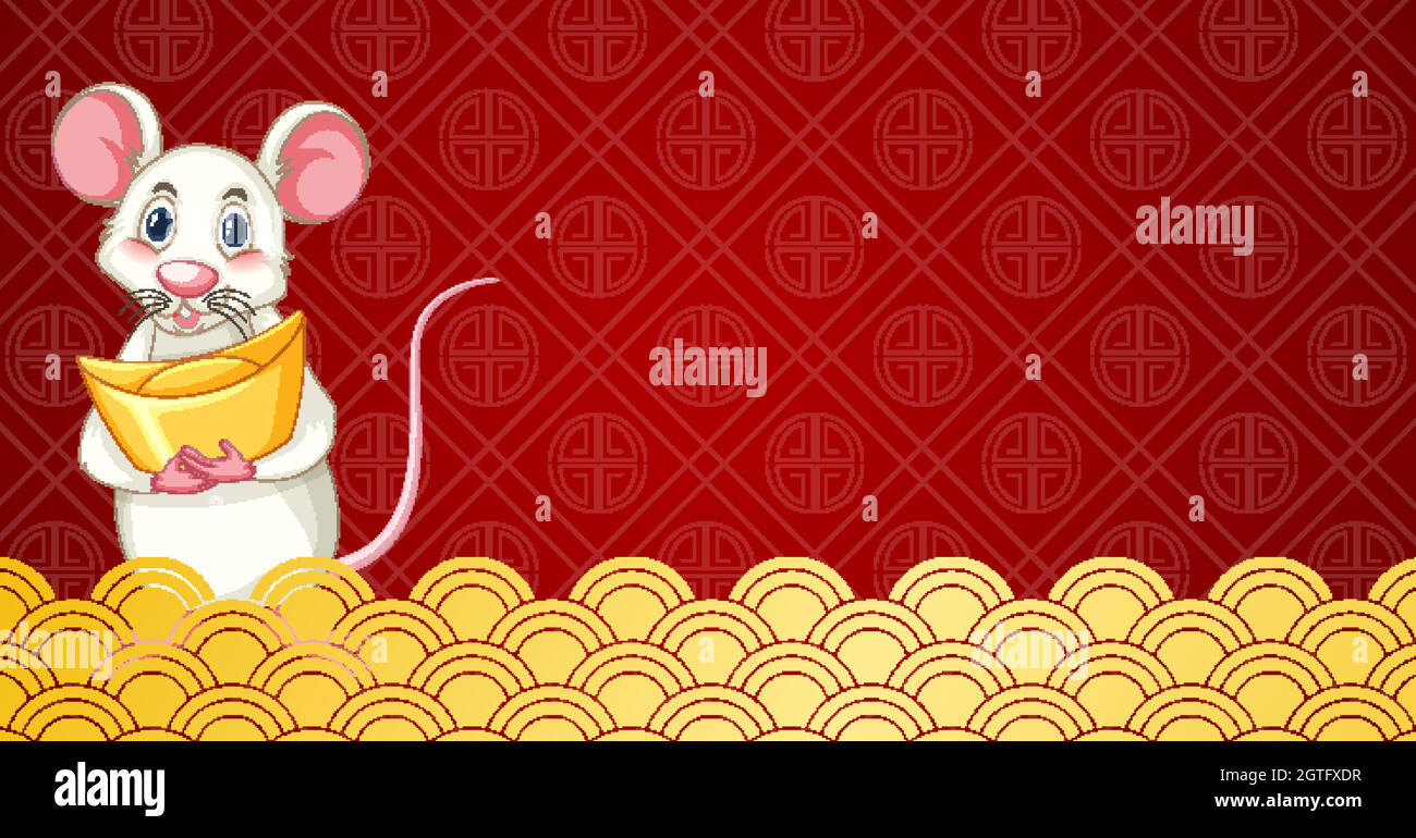 Red background with cute rat holding gold Stock Vector
