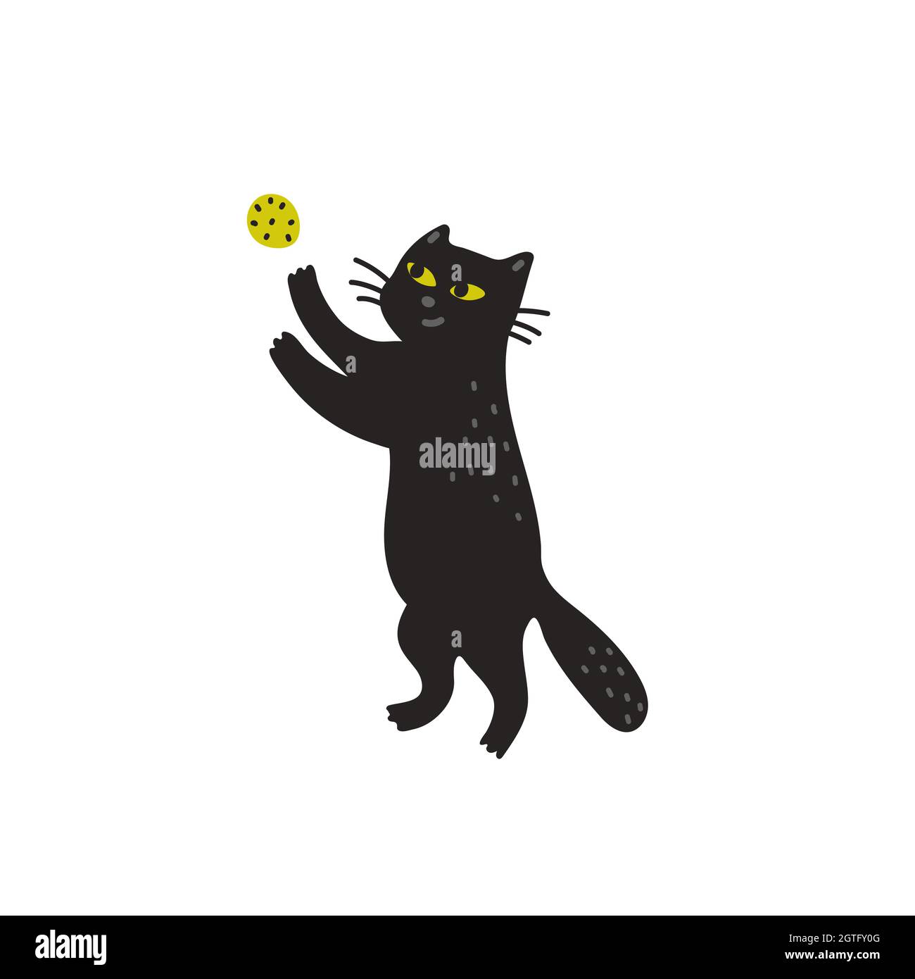 Black cat vector illustration, Cute kitten playing with ball. Vector illustration in flat cartoon style on white background Stock Vector