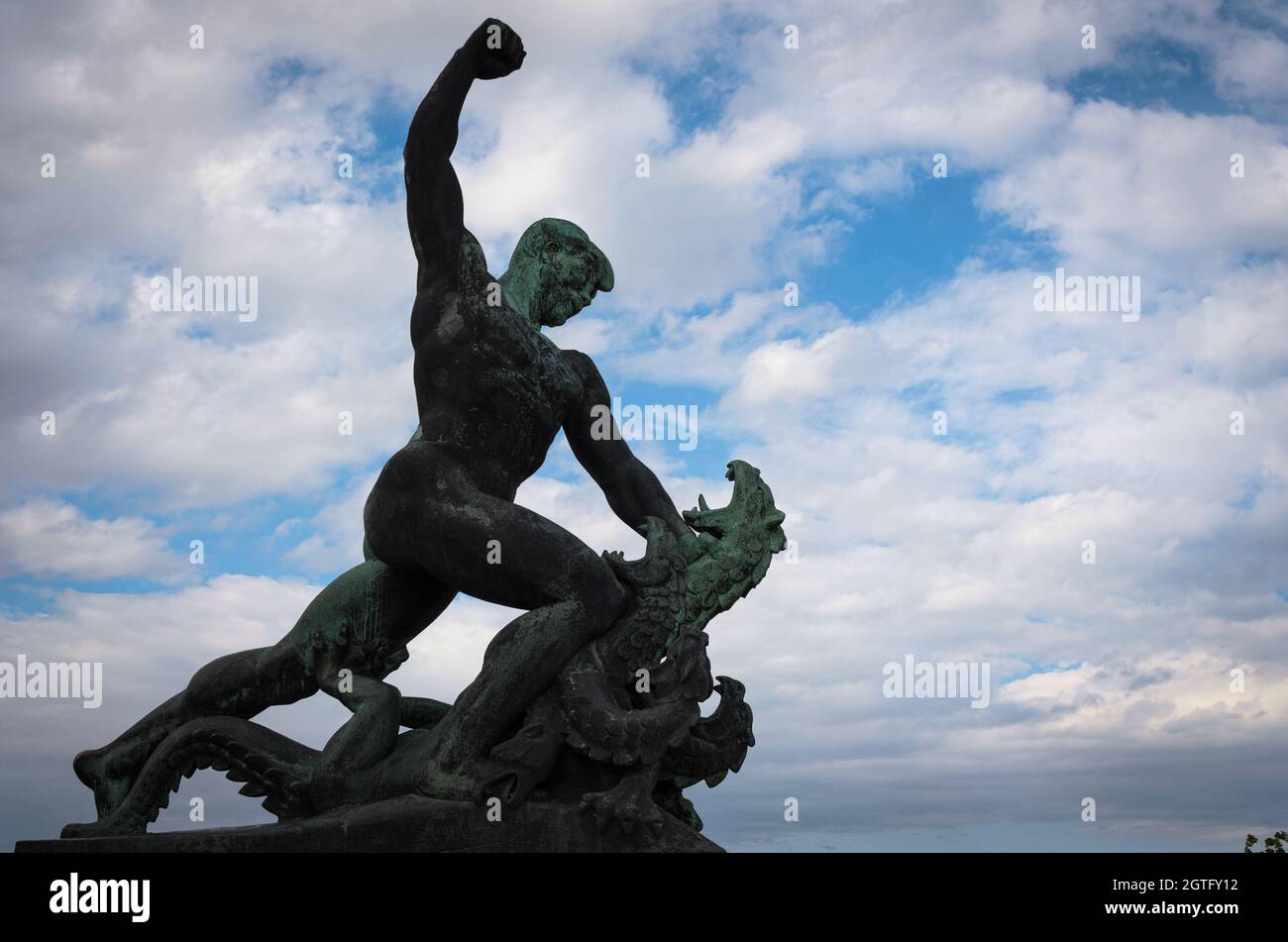 Statue of St. George slaying the dragon on Gellert Hill, at the base of the Liberty Monument, Citadel, Budapest, Hungary Stock Photo