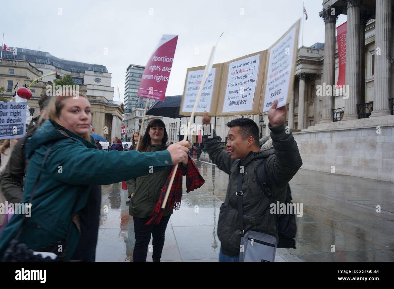 London, UK. 02nd Oct, 2021. Abortion Rights count attacks by anti-abortion in Trafalgar square march to US embassy, London, UK. 2 October 2021. Credit: Picture Capital/Alamy Live News Stock Photo