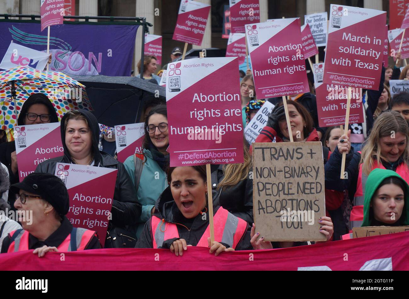 London, UK. 02nd Oct, 2021. Abortion Rights count attacks by anti-abortion in Trafalgar square march to US embassy, London, UK. 2 October 2021. Credit: Picture Capital/Alamy Live News Stock Photo