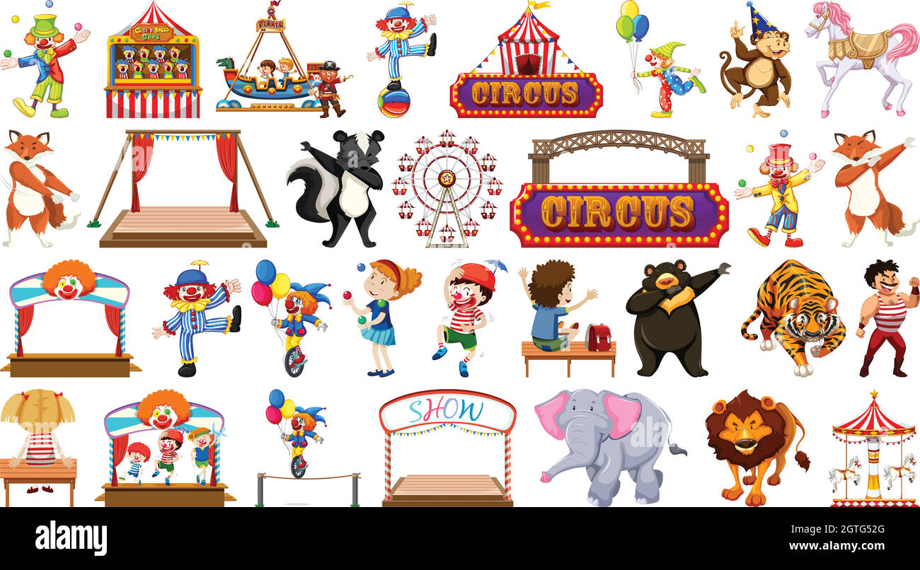 Huge circus collection with mixed animals, people, clowns and rides ...