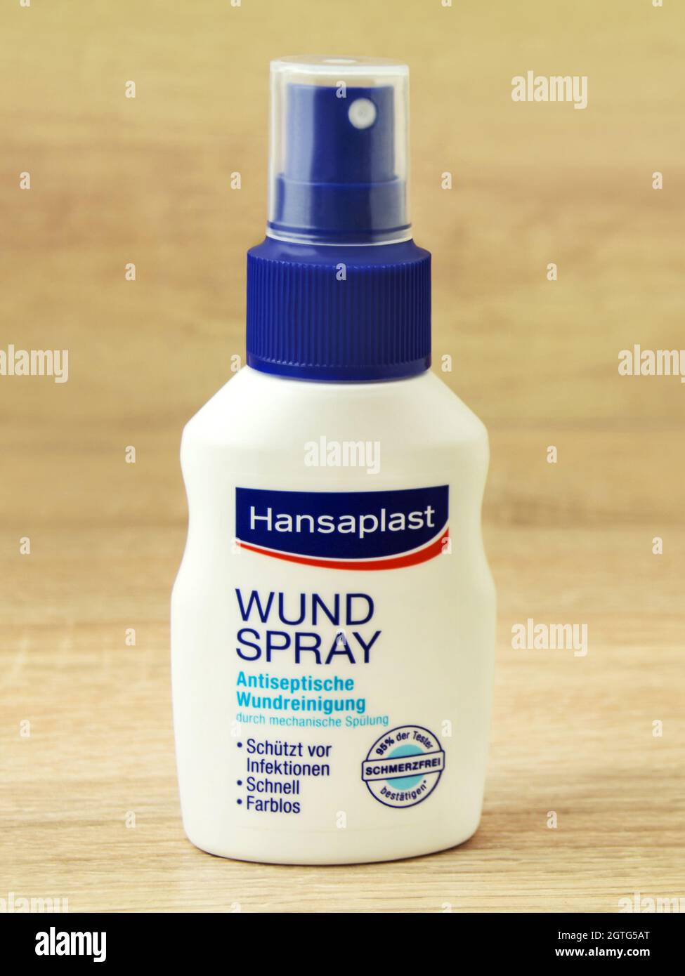 Hamburg, Germany - August 1, 2021: Hansaplast Wundspray disinfection and  cleaning spray on wooden background Stock Photo - Alamy