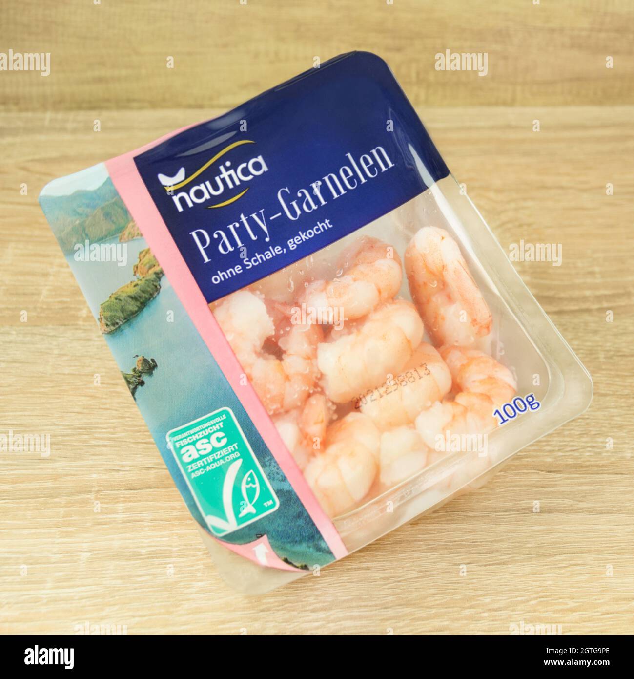 Hamburg, Germany - August 1,  2021: Nautica Party-Garnelen ASC cooked prawns Stock Photo