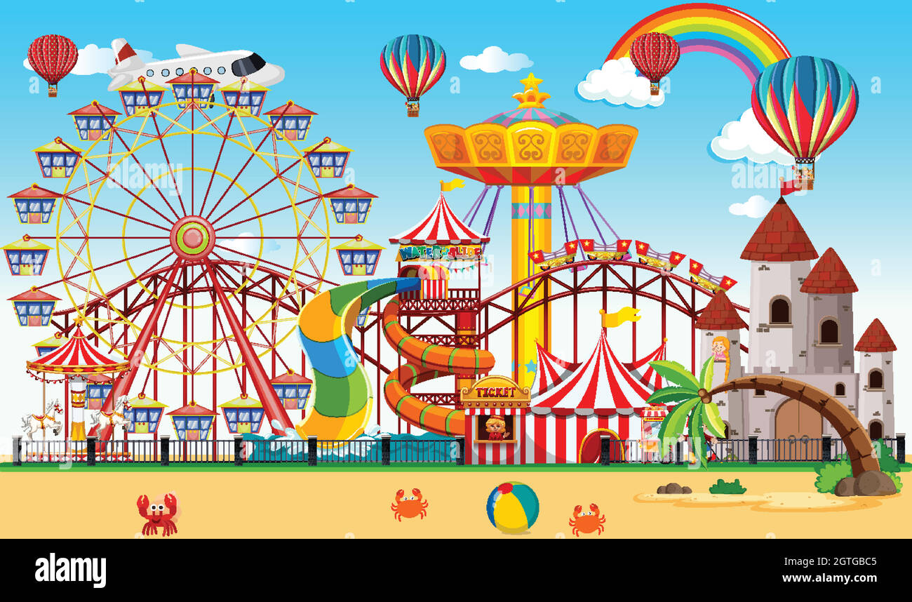 Amusement park scene at daytime with rainbow in the sky Stock Vector ...