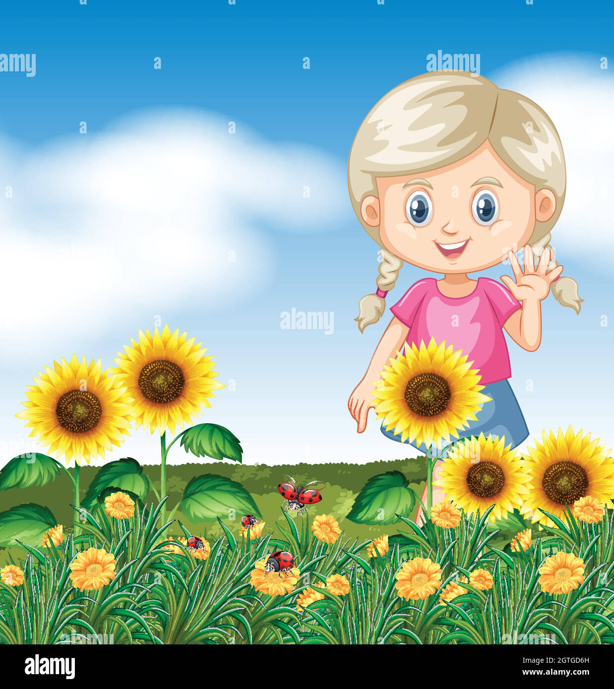 Cute Cartoon Girl on the meadow with flowers