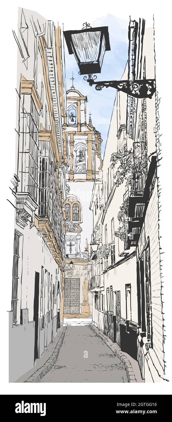 Drawing and watercolor representation of a colorful street in the old town of Sevilla, Spain - vector illustration Stock Vector