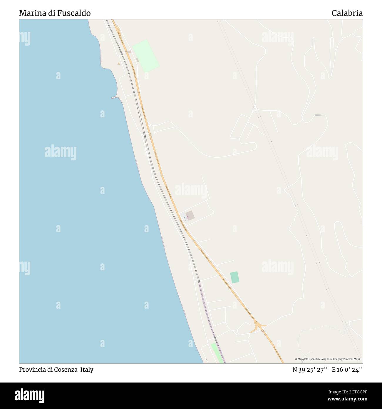 Marina di Fuscaldo, Provincia di Cosenza, Italy, Calabria, N 39 25' 27'', E 16 0' 24'', map, Timeless Map published in 2021. Travelers, explorers and adventurers like Florence Nightingale, David Livingstone, Ernest Shackleton, Lewis and Clark and Sherlock Holmes relied on maps to plan travels to the world's most remote corners, Timeless Maps is mapping most locations on the globe, showing the achievement of great dreams Stock Photo