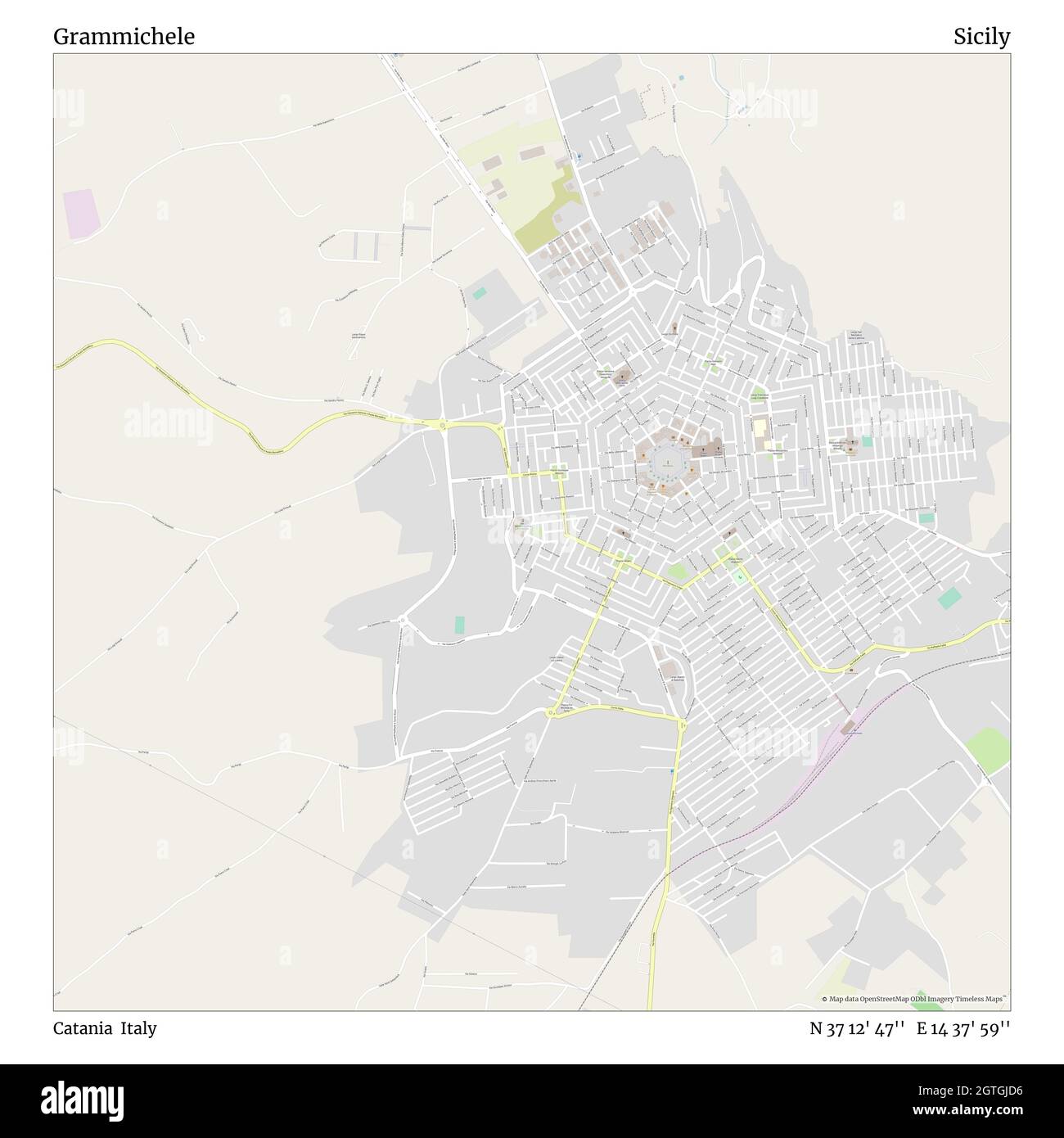 Grammichele, Catania, Italy, Sicily, N 37 12' 47'', E 14 37' 59'', map, Timeless Map published in 2021. Travelers, explorers and adventurers like Florence Nightingale, David Livingstone, Ernest Shackleton, Lewis and Clark and Sherlock Holmes relied on maps to plan travels to the world's most remote corners, Timeless Maps is mapping most locations on the globe, showing the achievement of great dreams Stock Photo